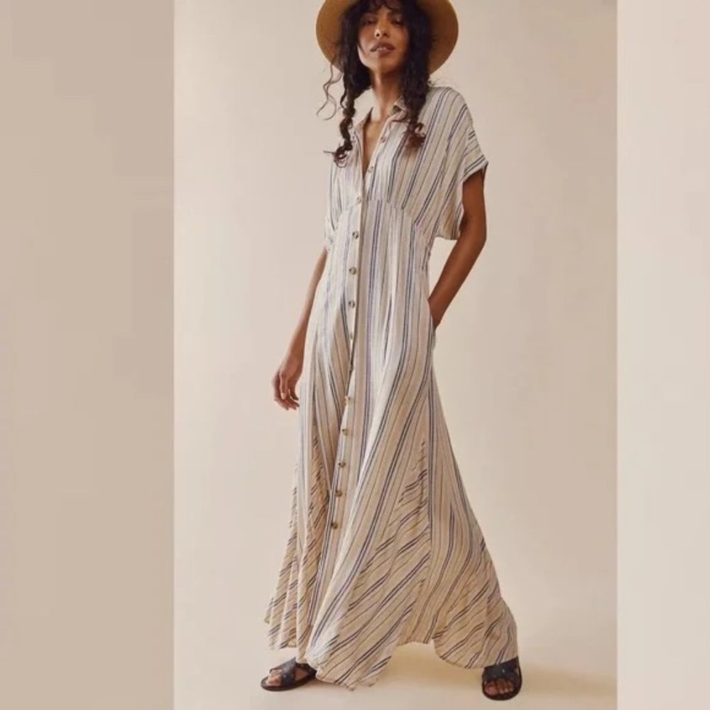 Free People Cream Striped Button-Front Maxi Dress